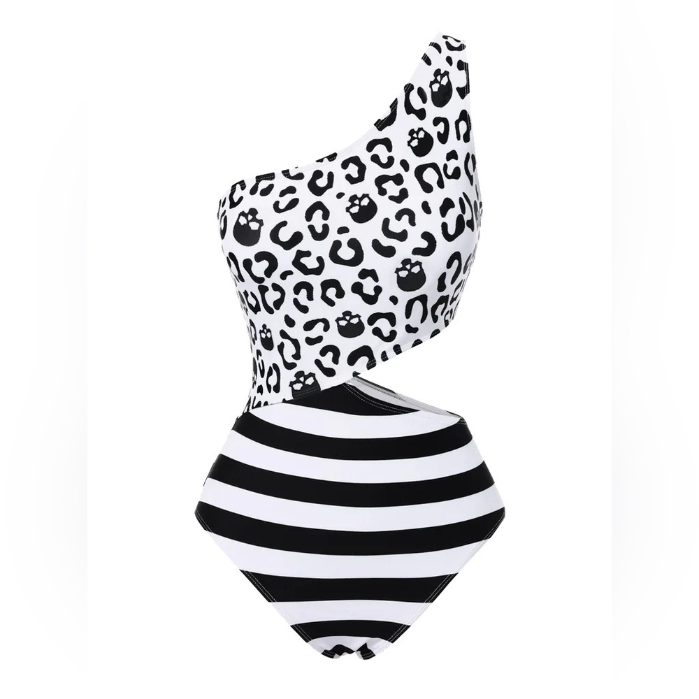 RETRO STAGE BLACK 1980S ONE-SHOULDER HOLLOW SKULL STRIPE SWIMSUIT